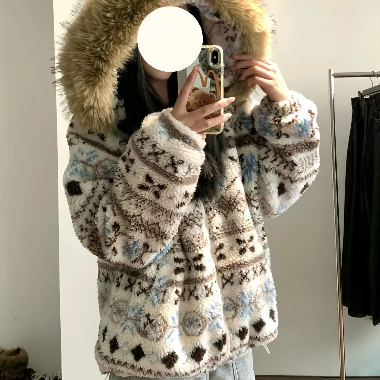 

Women's Cotton Jaet Coat Thiened Winter Outerwear Retro Fair Isle Large Fur Collar Loose Warm Hooded Top