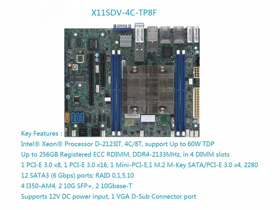 

X11SDV-4C-TP8F для материнской платы Supermicro Процессор Xeon D-2123IT, DDR4-2133 МГц, Quad LAN с I350-AM4