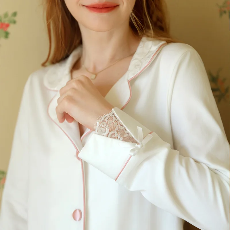 2023 kobiet Ins pełna rękawy bielizna nocna moda skręcić w dół kołnierz dwuczęściowy piżamy księżniczka koronka w stylu Vintage wystrój długie spodnie piżamy
