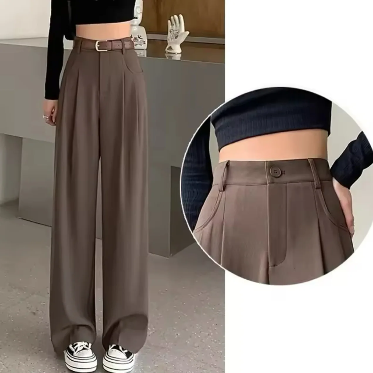 Pantalon à jambes larges pour femmes, bureau, printemps, Modal BF, surdimensionné, étudiants, plis, lumière laiteuse, esthétique, bande personnalisée tendre