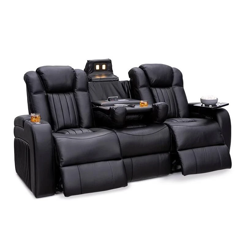 #Home Theater Recliner  Smart Multifunction Sofa With LED Lights Cup Holder and Drop Down Table Black Leather