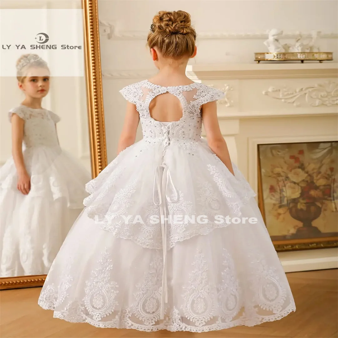 White Fower Girl Dresses For Wedding Cap Sleeves Pagenat Dress Long Toddlers Beaded Lace Applique abiti da prima comunione