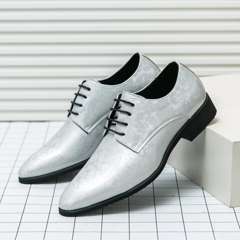 Formal Business Shoes for Men Pointed Toe Male Dress Oxfords Silver Split Leather Youth Fashionable Leisure Classics Shoes