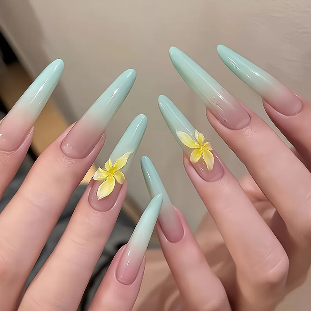 10 Uds. De uñas postizas hechas a mano, Frangipani de menta, verde claro, gradiente desnudo, puntas de uñas talladas a mano, uñas postizas desmontables y usables