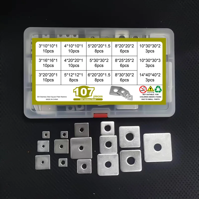 

107pcs 304 Stainless Steel Square Washers Gasket Flat Pad Curtain Wall with Washers Flat Gasket Pad M3-M14 Square set