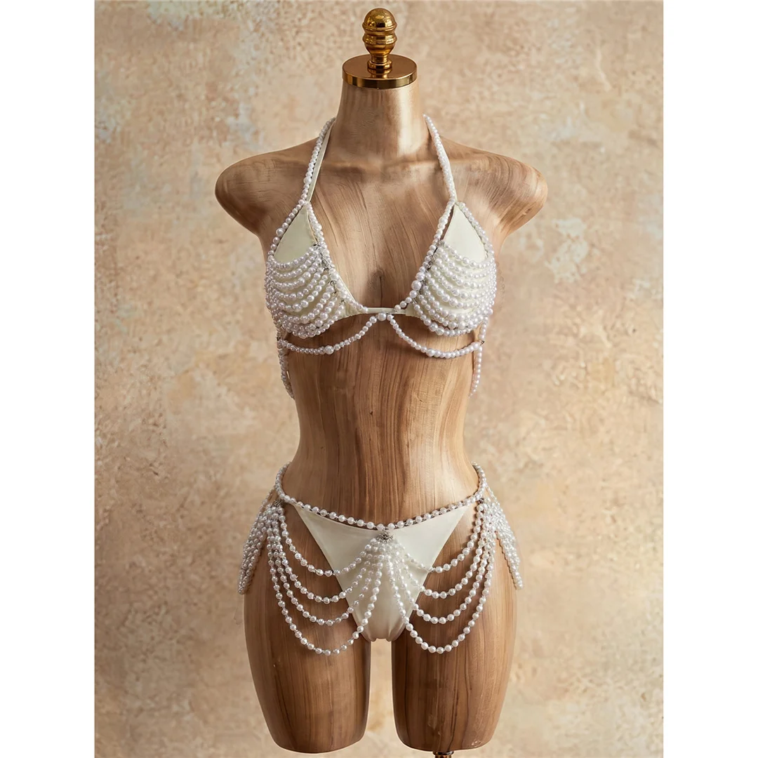 4-teiliges Bikini-Set mit Perlen- und Paillettenbesatz, Neckholder-Bikini, Damen-Badebekleidung, Badeanzug, V8223 – Detail 4