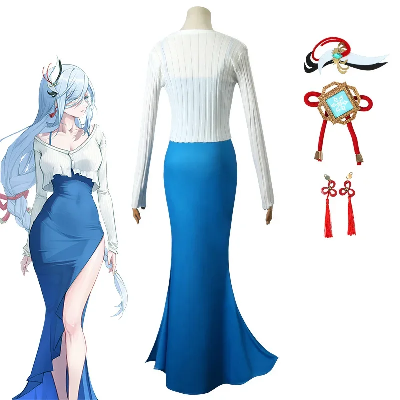 Vestido Cosplay Shenhe com Peruca para o Halloween, Game Genshin Impact, Traje Cosplay, Vestido azul diário, Vestidos casuais