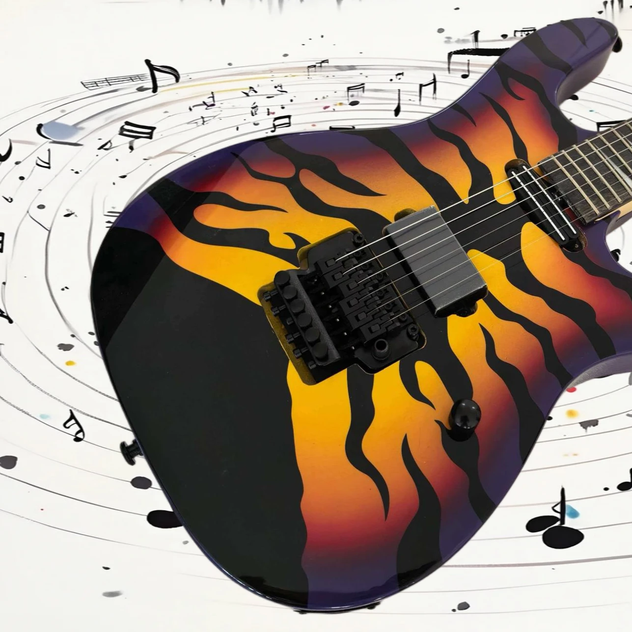 Free Shipping ST Flame Print Electric Guitar Gradient Graphic Body HH Pickups Floyd Rose Tremolo 6 String Starter Heavy Rock