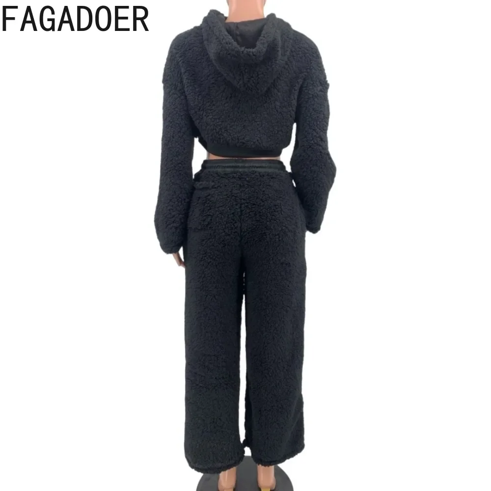 FAGADOER Winter Women 2 Piece Set Outfit Fleece Fur Pocket Zipper Hooded Coat And Straight Pants Suits Casual Streetwear New