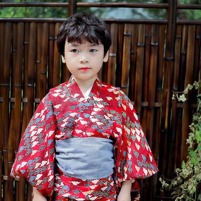 Japanese-style Yukata With Belt Children\'s Kimono For Boy Red Cloud Breathable Traditional Classic