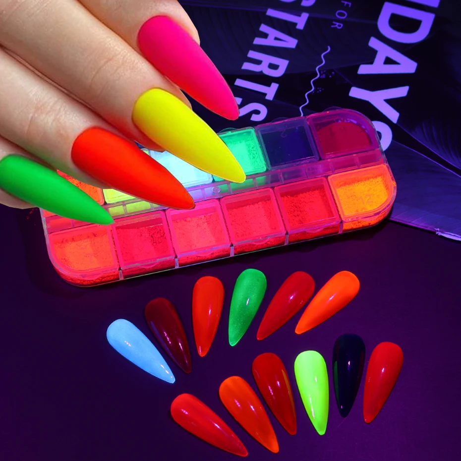 12 siatek kolorowy neonowy proszek fluorescencyjny Pigment brokat do paznokci urok DIY paznokcie artystyczne dekoracje Pigment pył Manicure rysunek — zdjęcie 4