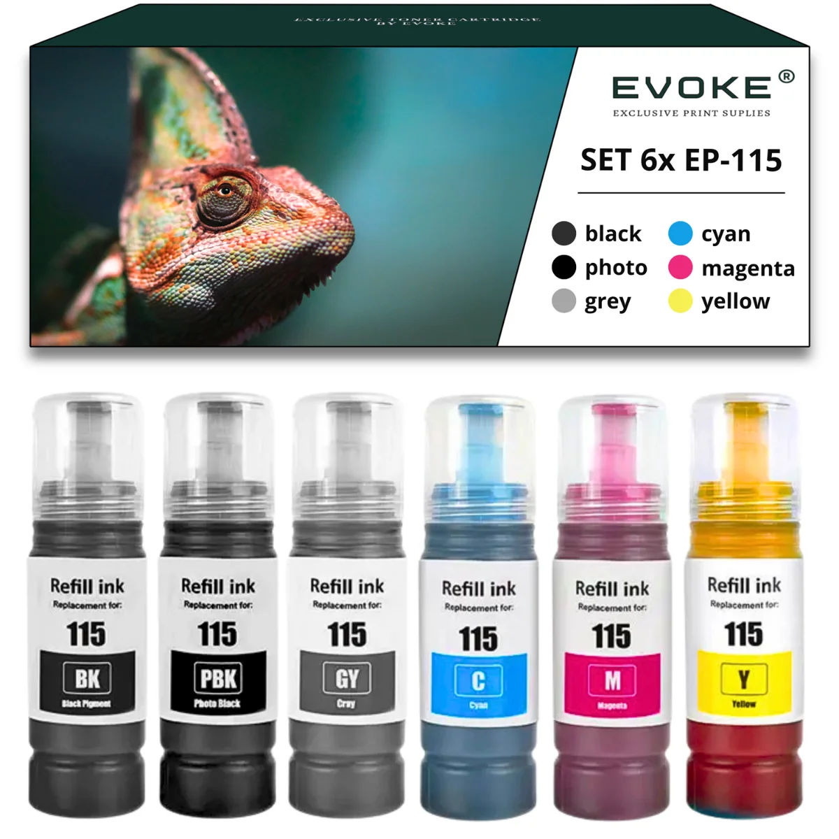 Evoke Compatibele Inkt voor Epson 115 6 Flessenset: Zwart Pigment, Foto Zwart, Grijs, Cyaan, Magenta, Geel 420 ml 37200 Pagina's Ecotank L8160 L8180