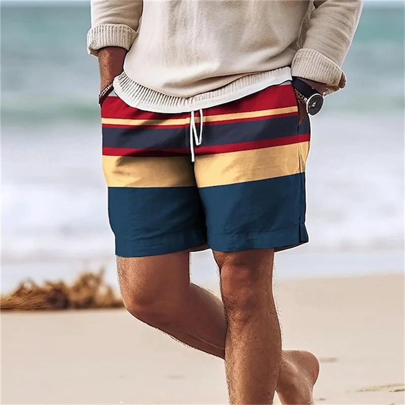 Pantalones cortos de playa con patrón de rayas coloridas para hombre, bañadores con estampado 3D a la moda, pantalones cortos de verano, pantalones cortos sueltos, ropa de calle