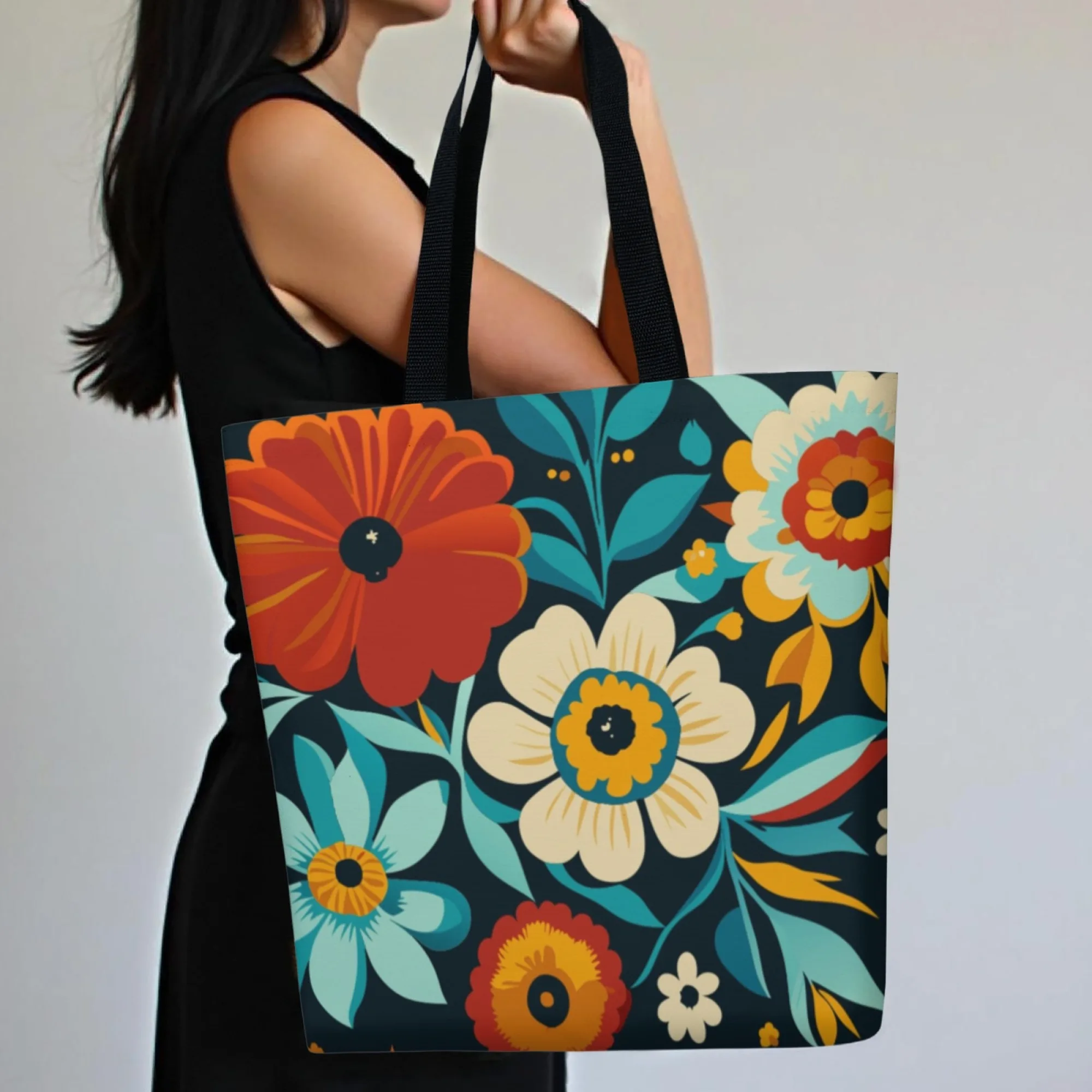 

Винтажная холщовая большая сумка с ярким цветочным принтом и ретро-богемным узором, многоразовая сумка на плечо, подарок для эстетических любителей