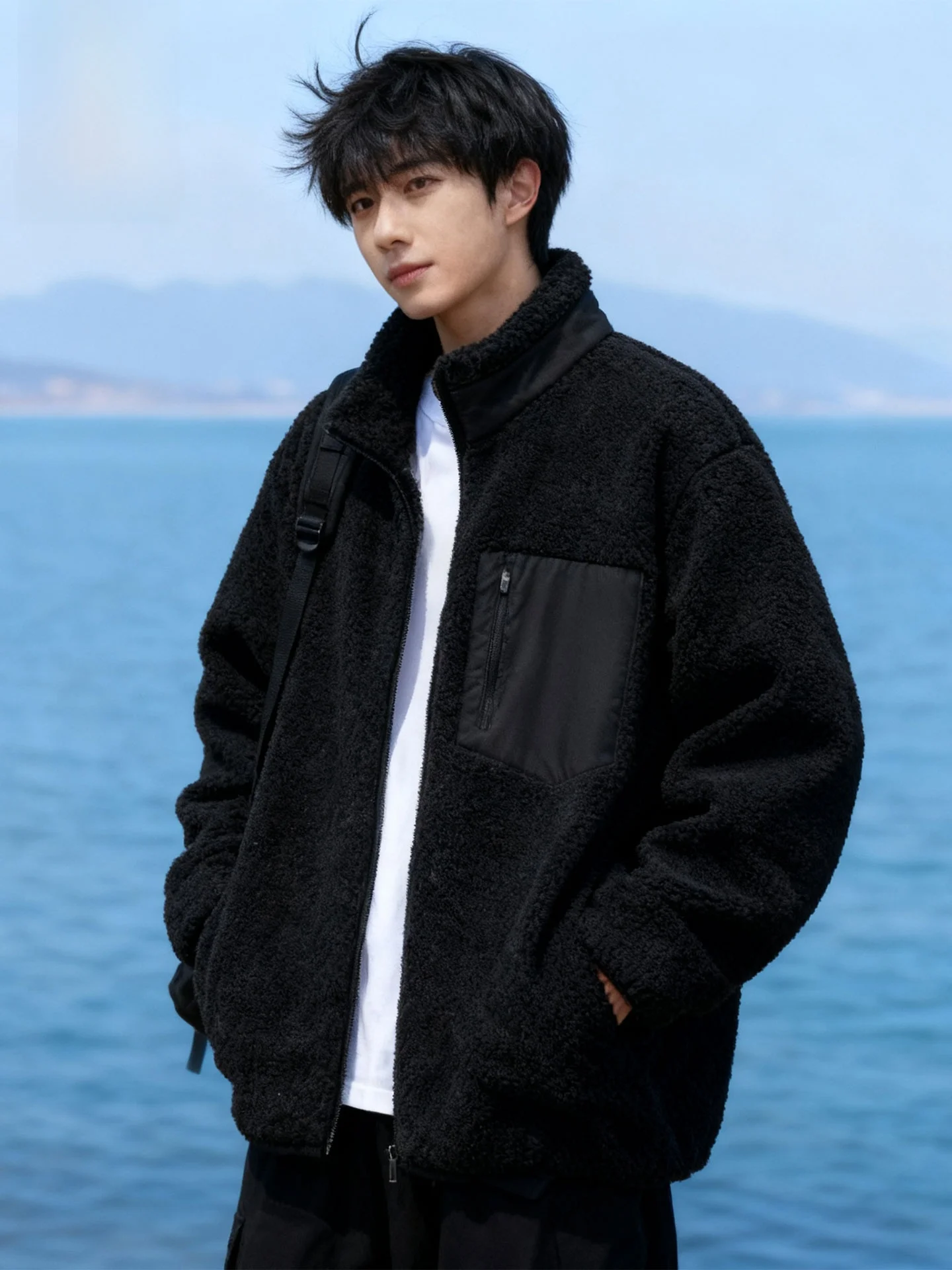 

Winter Lamb Velvet Jaet Men's Bla Stand Collar Patchwork Fce Lined Cotton Coat Warm Youth Long Sve Zipper