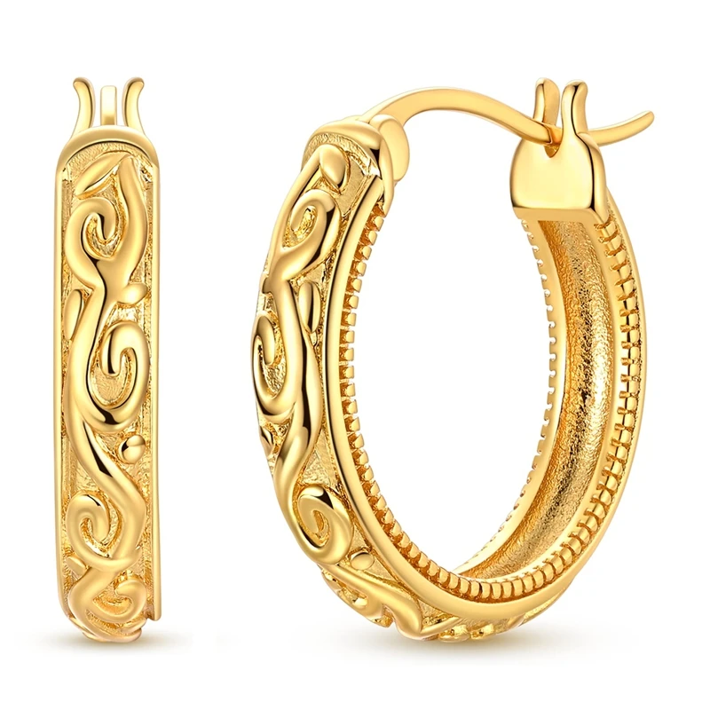 925 Sterling Silver Earrings Women Sparkling Gold Plated Vintage Scroll Patterned Hoop Earring For Anniversary Wedding Jewelry