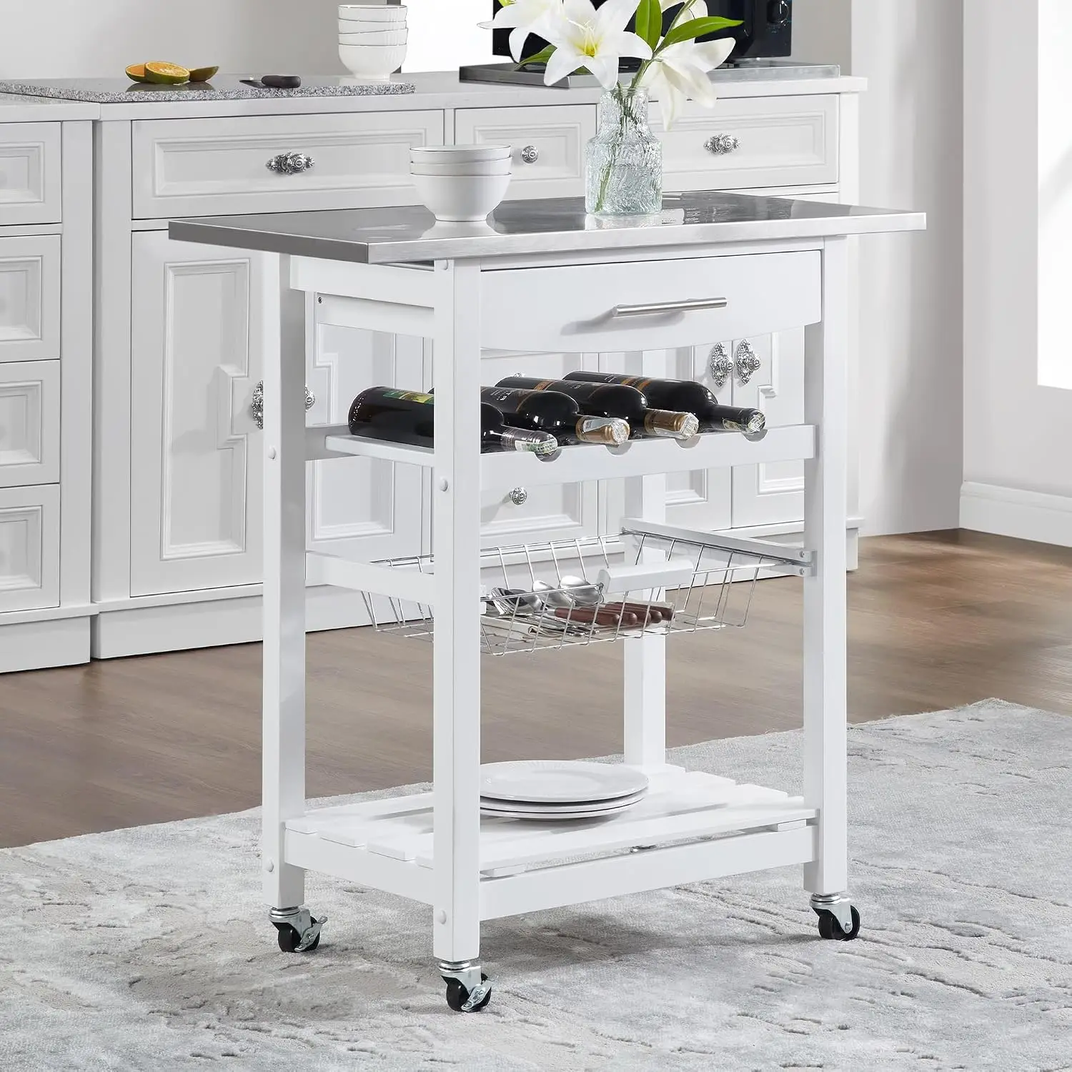 Marble Top Kitchen Island Cart with Brake Casters & Drawer, 30