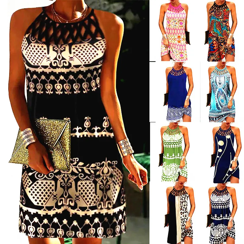 Women Loose Vintage Ruffles Befree Dress Hole Sexy Summer Vest Tank Strap Boho Casual Party Elegant Mini Dresses Plus Sizes