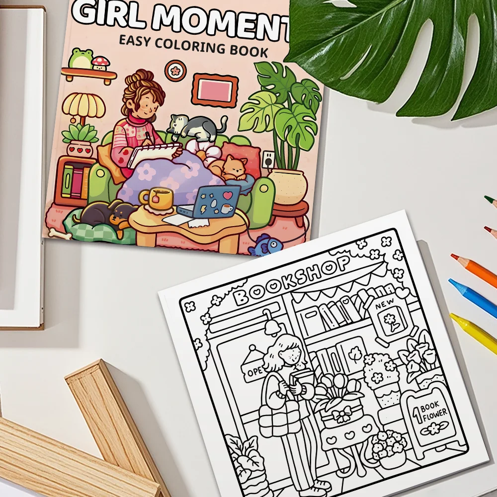 Relaxing Coloring Book for Adults & Teens, Cozy Atmosphere Art Book with Bold Easy Patterns, Stress Relief Aesthetic Girl Moment
