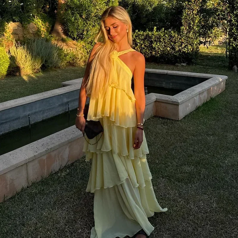 3d flor babados em camadas vestidos femininos elegante chiffon sem costas sem mangas fofo vestido longo 2025 verão nova senhora praia robes