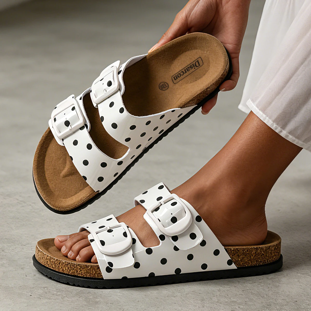 Polka-Dot Doppelriemen-Pantoffeln, Damen-Sandalen mit Verstellbarer Schnalle, Bequeme Flache Schuhe für den Täglichen Outdoor-Gebrauch – Detail 7