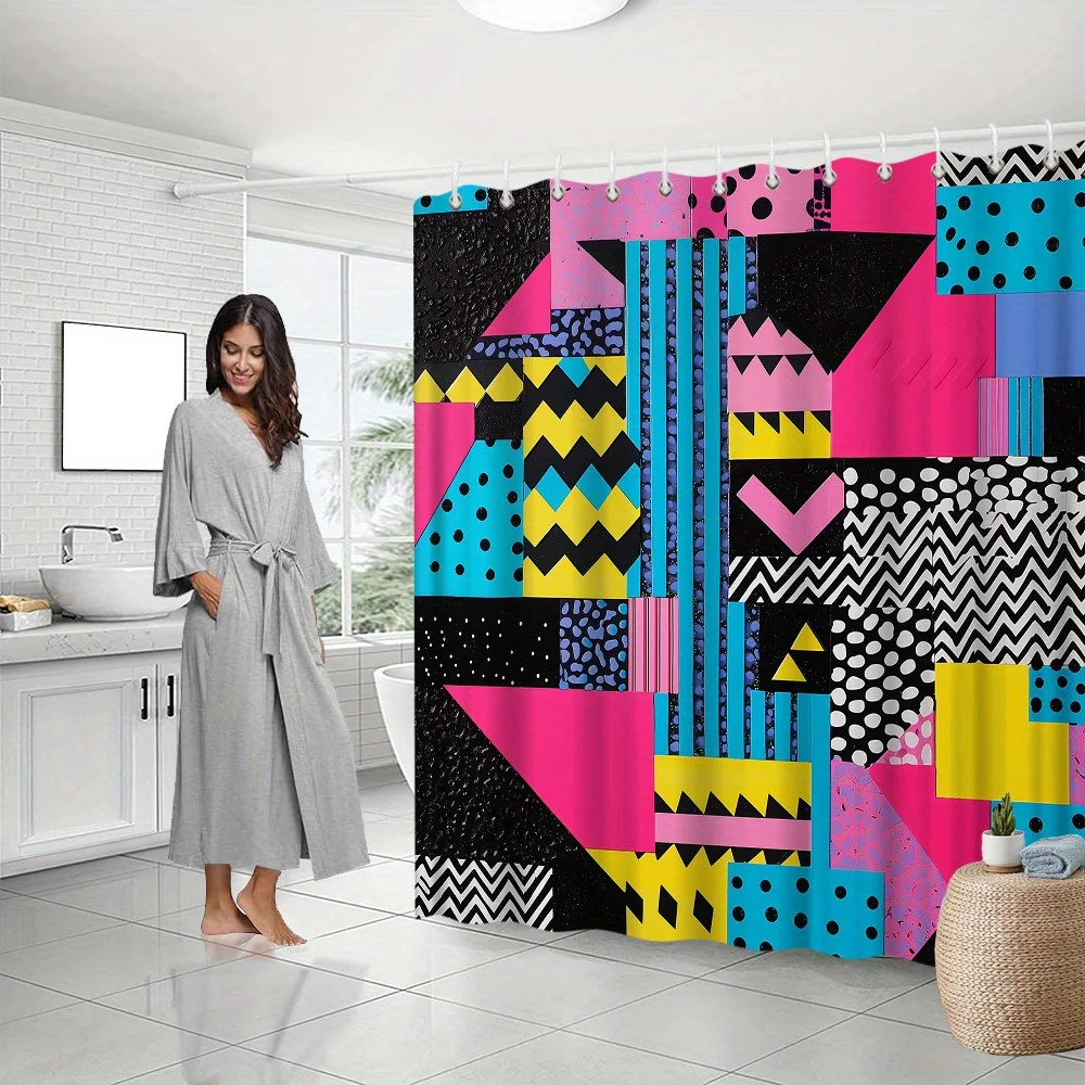 

Абстрактная геометрическая занавеска для душа – яркие цветовые блоки и дизайн в стиле поп-арт, яркий розовый, синий и черный узор, 70,8x70,8 дюймов.