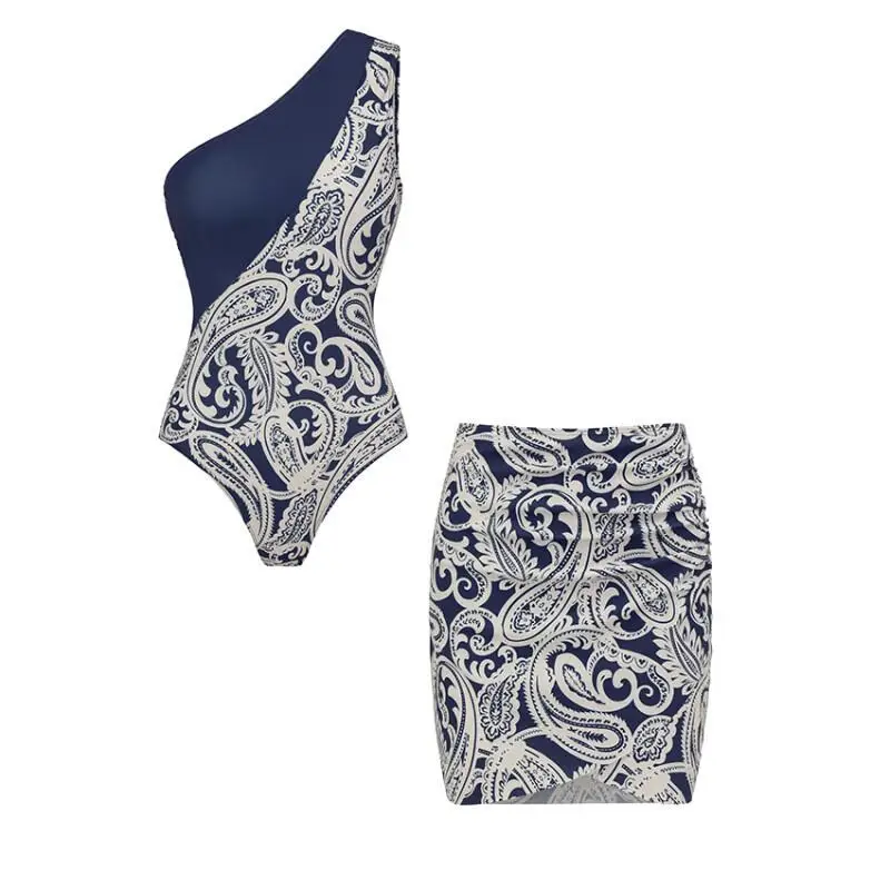Women Swimsuit Sets Sexy One Shoulder Blue Color Block Paisley Print Swimsuit and Skirt Flaxmaker Bikini Set Biquini conjunto de
