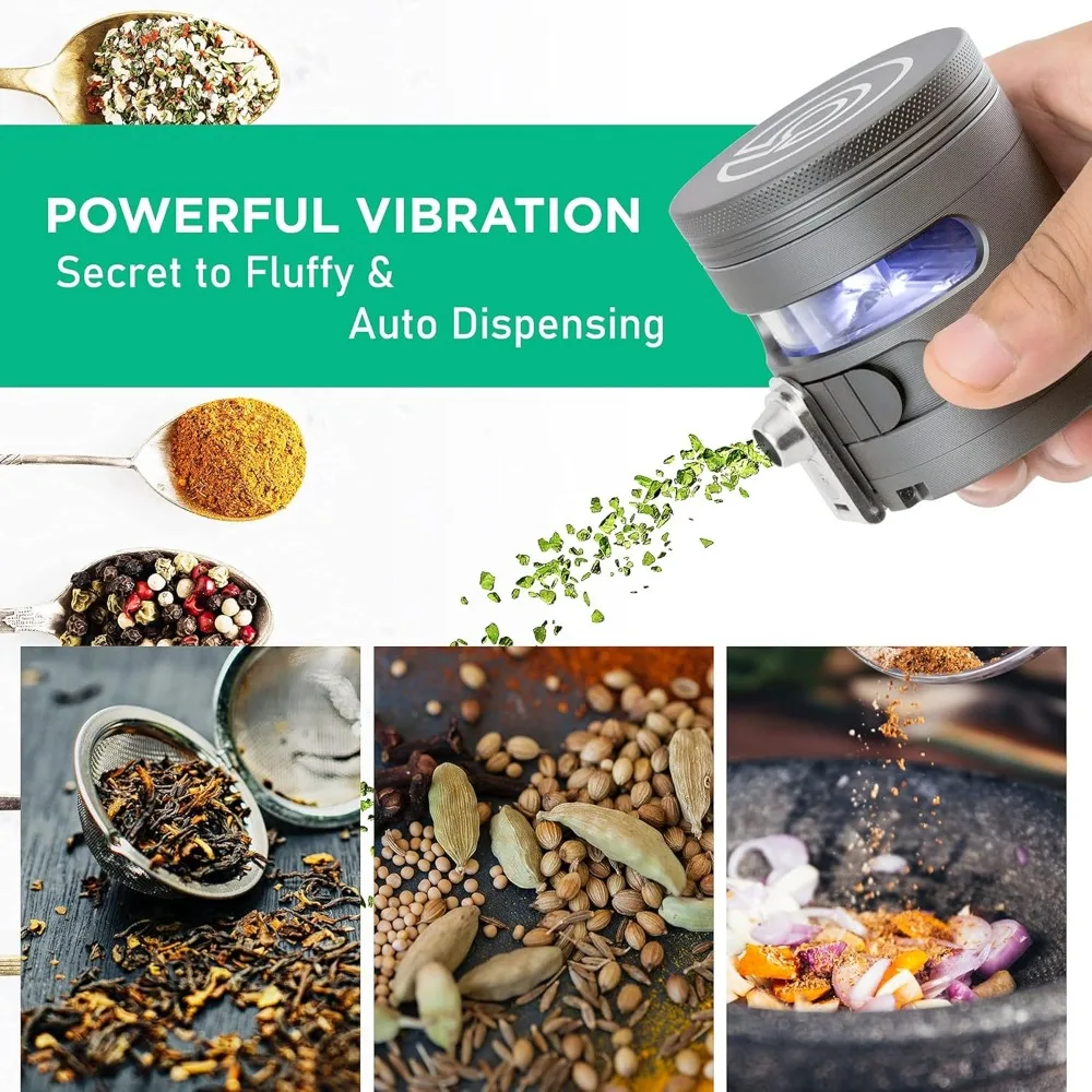 Herb Grinder Automatic Electric Herbal Spice Dispenser Large 2.5" Aluminum Alloy (Grey), For Home & Kitchen Only
