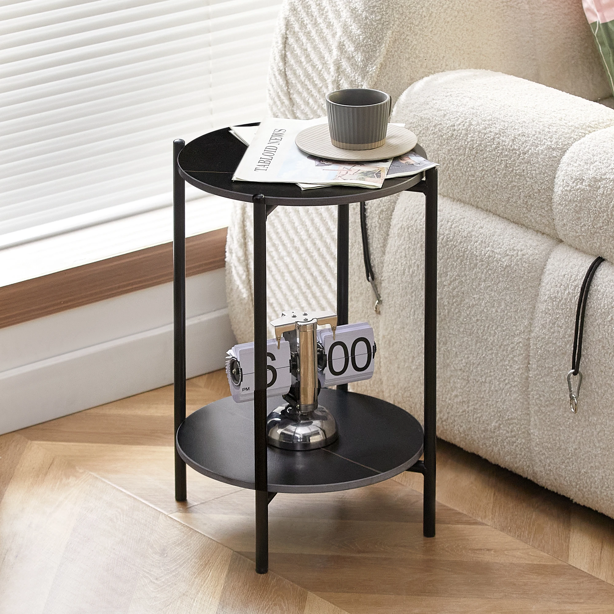 Black 2-layer End Table with Tempered Glass and Marble Tabletop, Round Coffee Table with Golden Metal Frame for Bedroom Living R