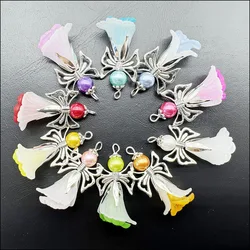 10 New Mixed Acrylic Angel Charms Tibetan Silver Plated Double-deck Flower Pendants 20x41mm