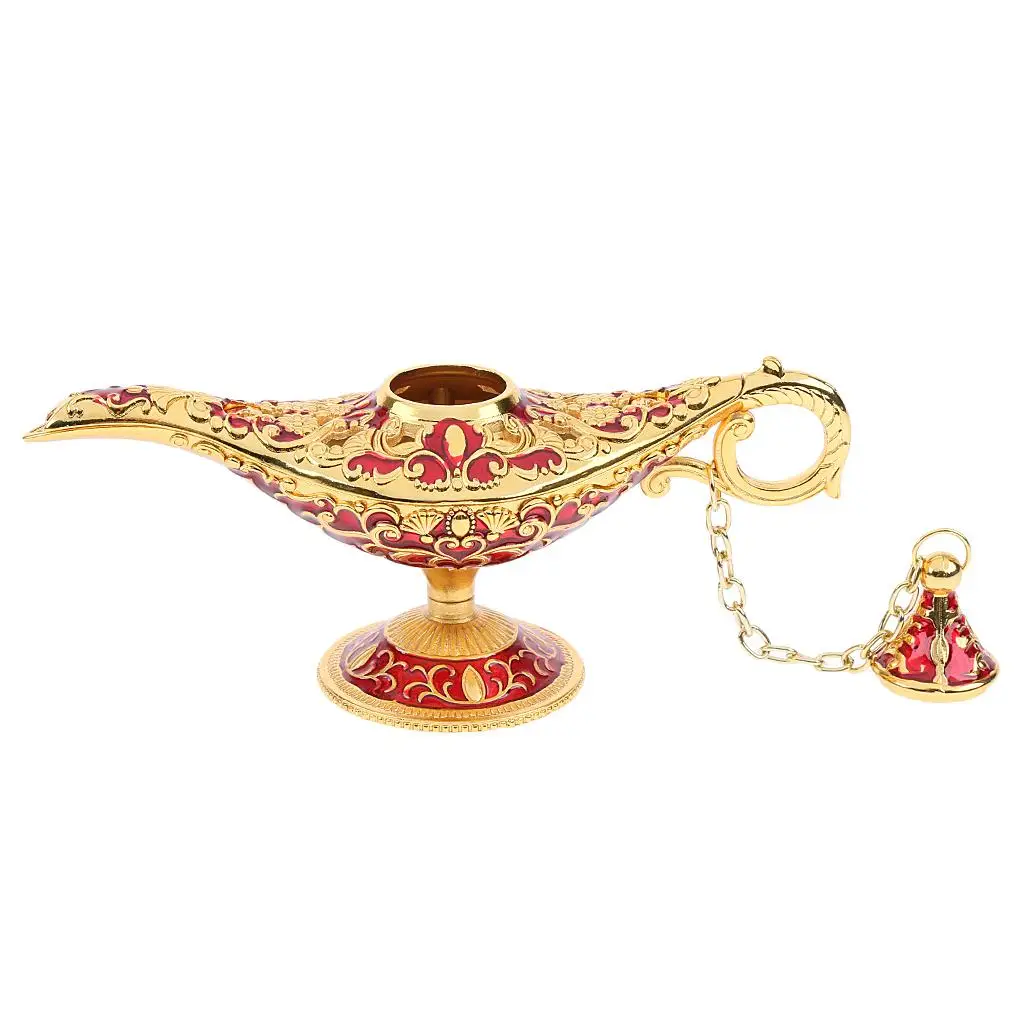 Shiny Vintage Genie Lamp Classic Aladdin Tabletop Decor Zinc Alloy Arabian Style Collectible Gift Box