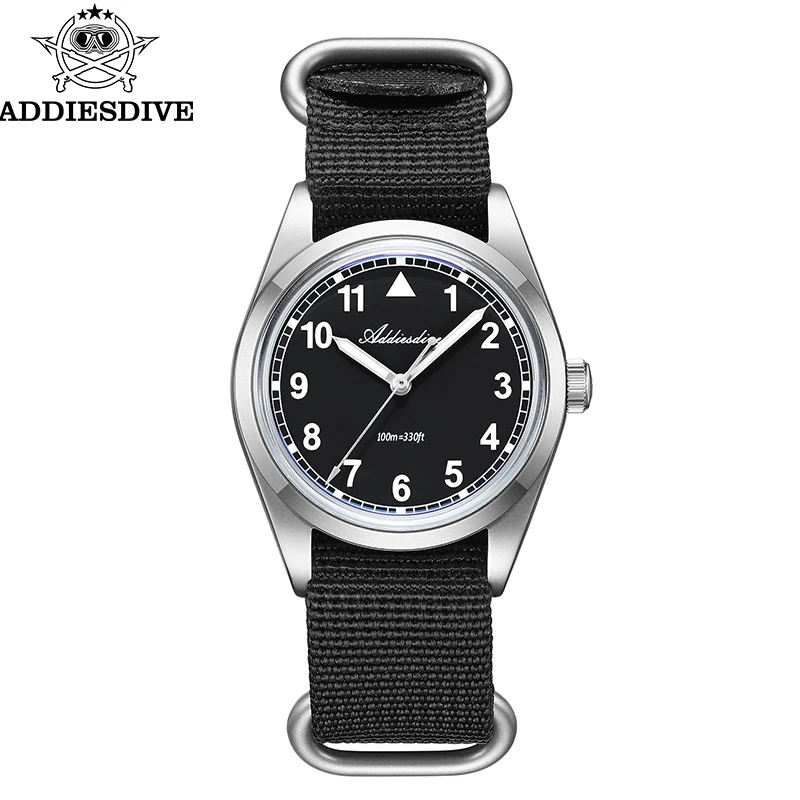 

ADDIESDIVE Quartz Watch Luminous Nylon Strap 316L Steel Bubble Mirror Glass VH31 100M Diving Sandblasted Case 36mm Men watch