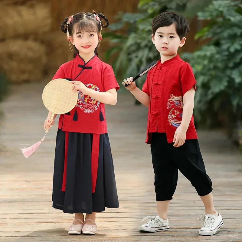 New Boys And Girls Chinese Style Traditional Retro Red Hanfu Dragon Phoenix Embroidery Tang Suit Two Piece Set Role Play Costum