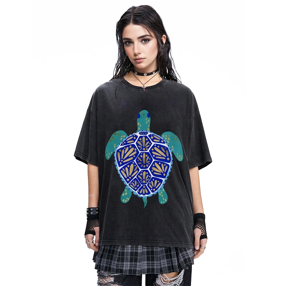 

Vintage Washed Mens T Shirt with Unique Turtle Graphic Print Fashion Casual Loose Fit Short Sleeve Tee for Daily Wear Streetwear