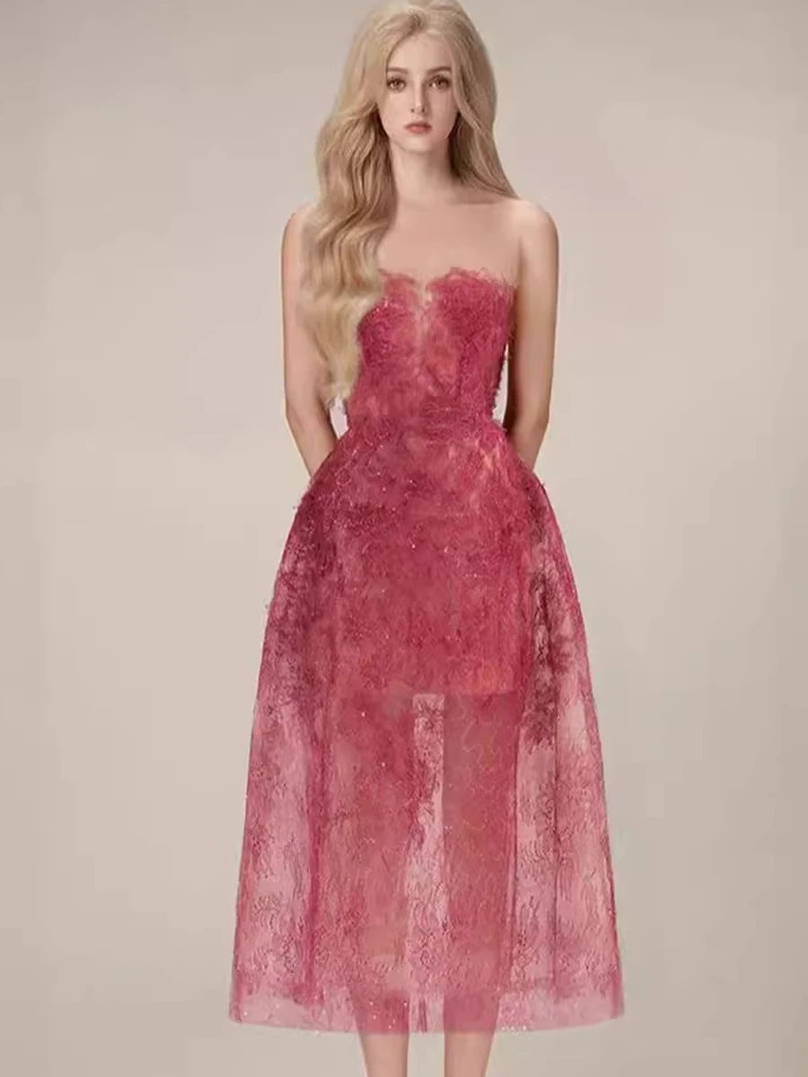 

Sexy Mid-Length Lace Evening Dr Sparkling Beads Wrap Chest High Waist Slimming Gown for Par Wedding Date Cany Dinner