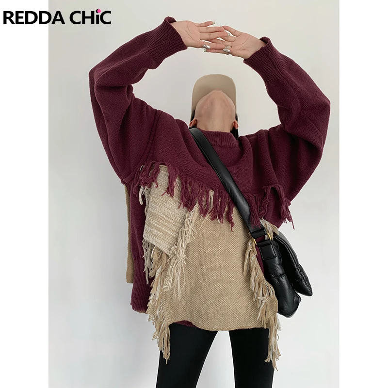 

ReddaChic Women Retro Y2k Frayed Tassel Jumper Top Bicolor Patchwork O-neck Oversize Chunky Knit Sweater Loose Casual Pullover