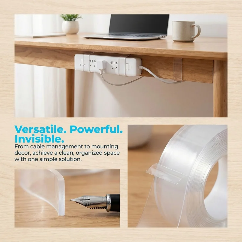 Double-sided tape for home and office use, traceless, reusable, strong adhesive, waterproof, high-temperature resistant, leaves