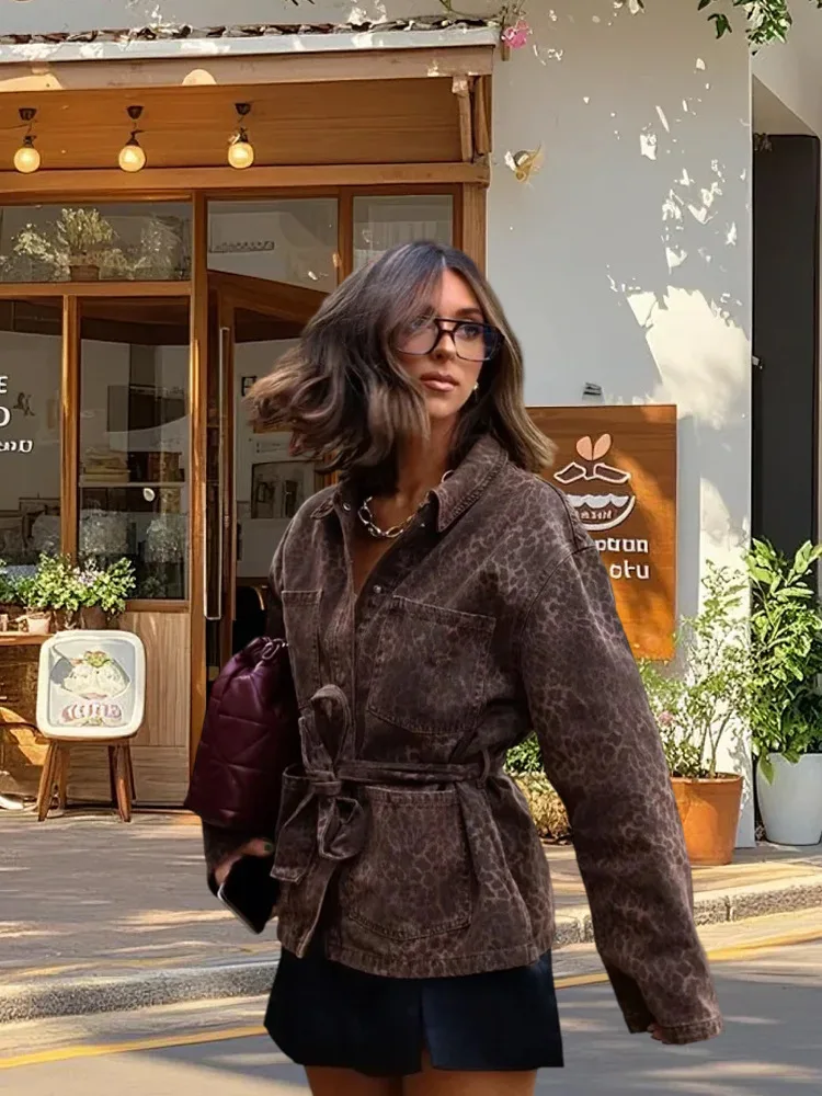 

Fashionable Jacket Leopard Print Belted Jacket Cropped Lapel Animal-Print Jacket Elegant Feminine Waist-Length Jackets