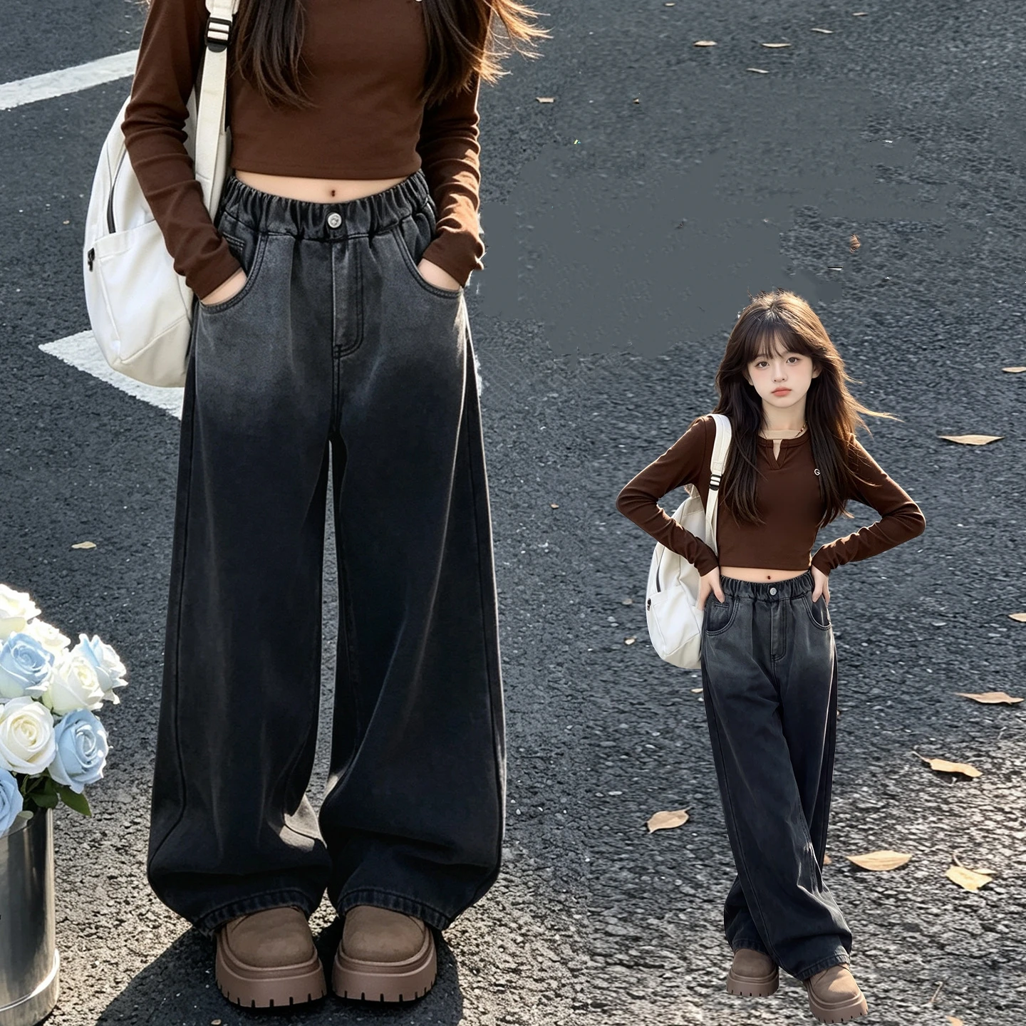 Teenage Child Vintage Straight Fit Black Jeans Red heart for Girl Casual Gradient Denim Pants Kids New Fashion Jeans Trousers