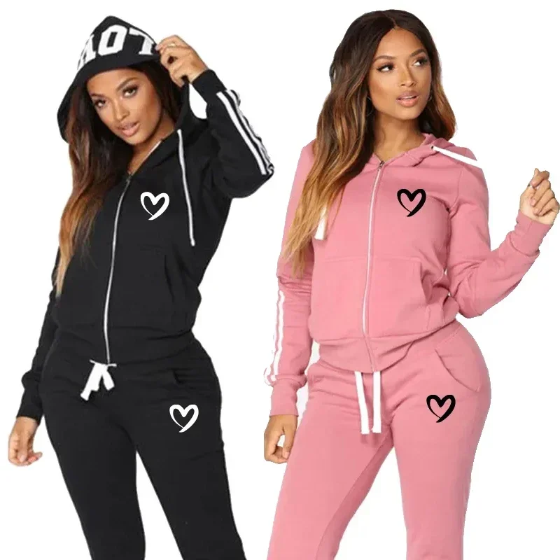 Womens Printed Zipper Hoodie + Pants Sets Woman Tracksuits Hooded Jogging Sports Suits High-quality Track Suits Two Pieces Suit