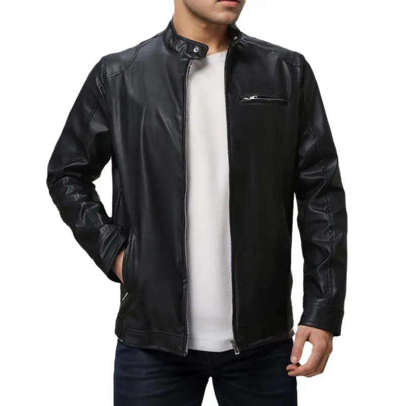 

Classic Men Solid Colour Stand-up Collar Biker Faux Leather Jacket Fashion Simple Male High Street Casual Coats