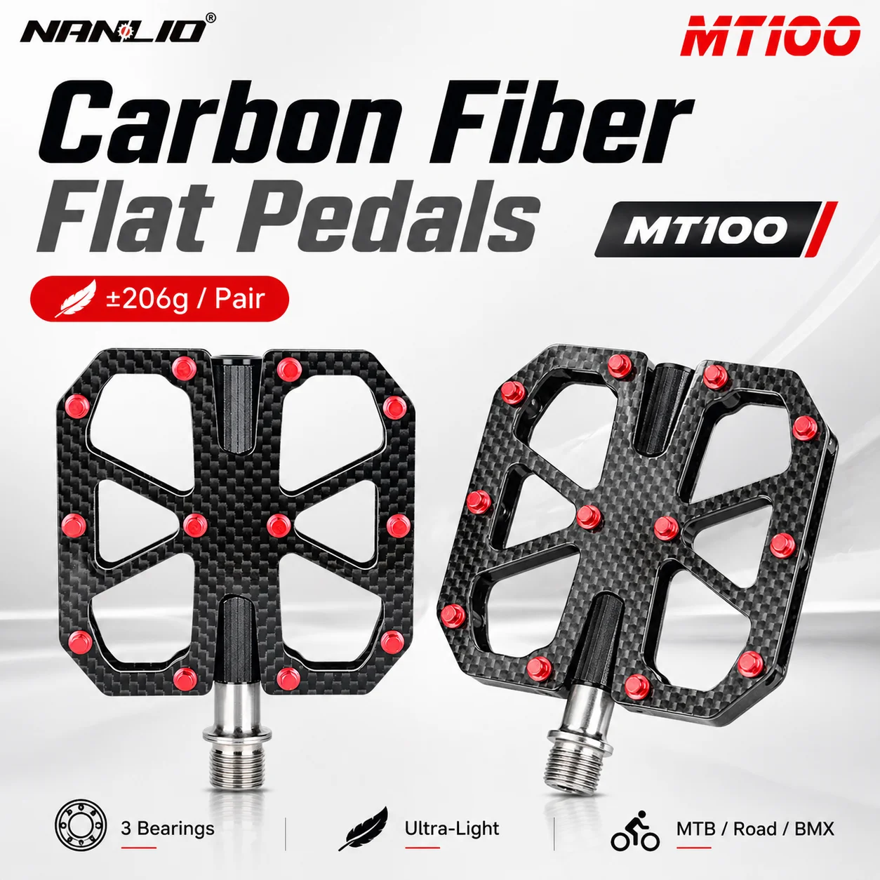 

Ultra-Light 206g/Pair Carbon Fiber MTB Pedals - NANLIO MT100 High-End 3 Bearings Flat Pedals for Road Bike & BMX Racing