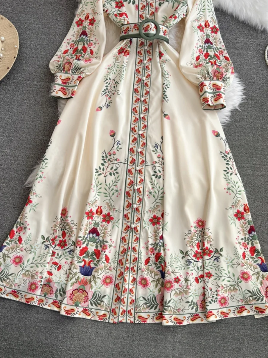 Vintage Court Sle Long Sve Stand Collar Slimming Single Button A-Line Print Maxi Dr Autumn Faion Women's Clothing