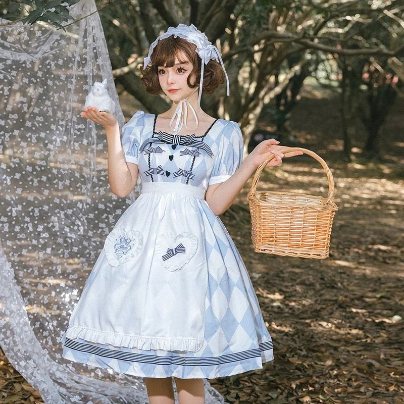 

Summer Bib Apron Cute Lolita Short Sleeve Lolita Dress Two Piece Set Gothic Lolita Skirts Baby Blue Maid Bunny