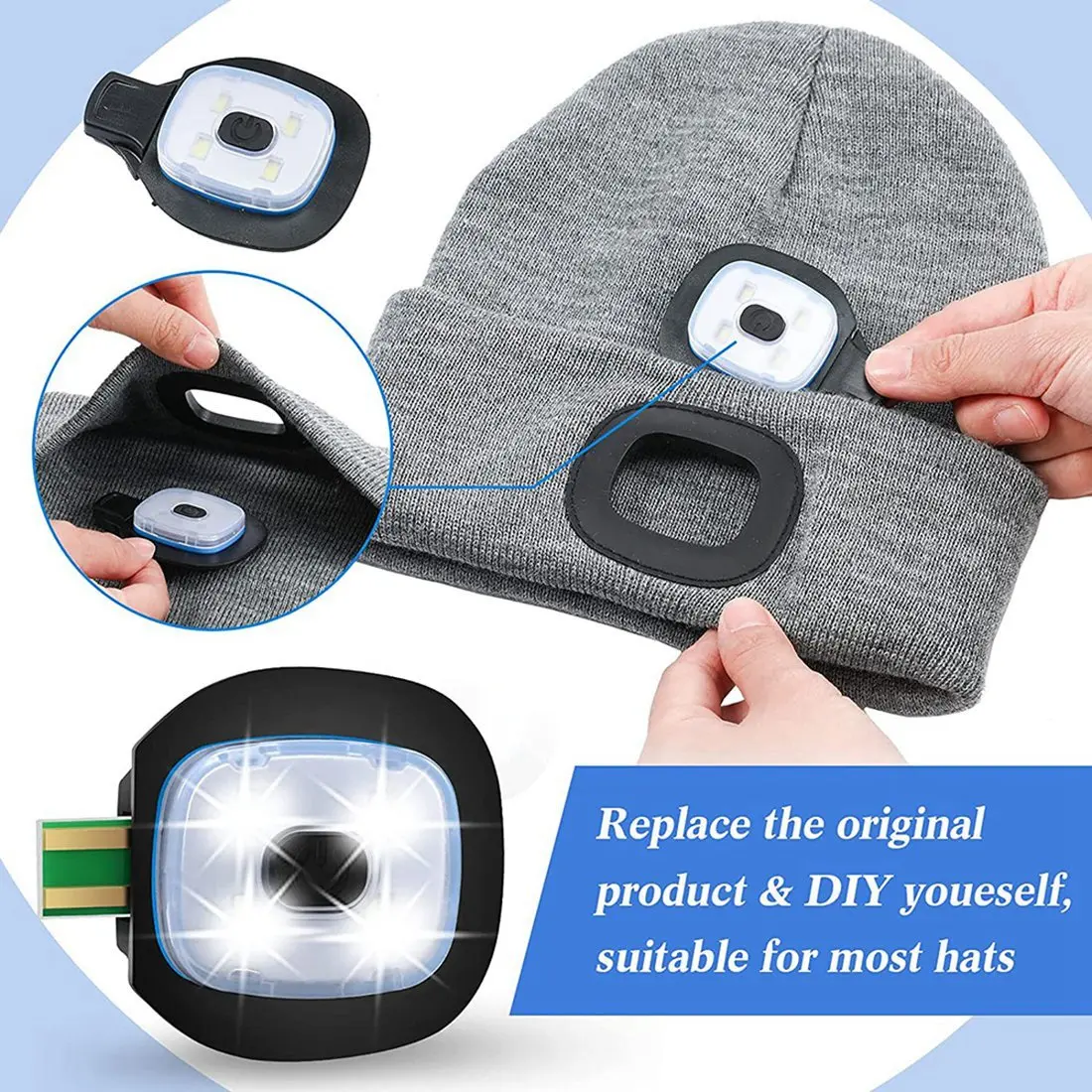 USB Rechargeable Light for LED Knit Beanie Hat, 4 Pieces, Strong Medium and Weak Light Mode LED Hat Light USB LED Lights