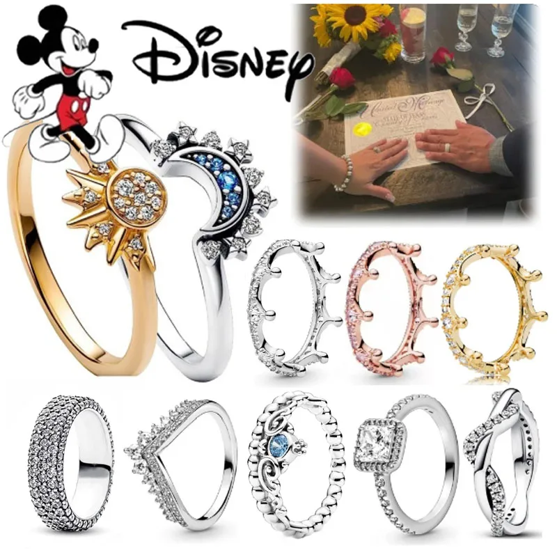 Disney 2024 new creative pink Sparkling Crown Ring and shiny interwoven ripple ring suitable for women's exquisite high-quality