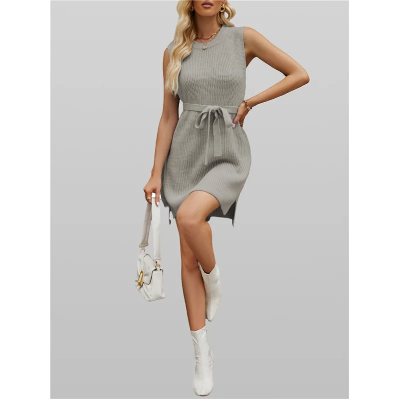 ABP-Women's Sleeveless Mini Sweater Tank Dress Solid Color Casual Crew Neck Side Slit Knitted Dress With Belt