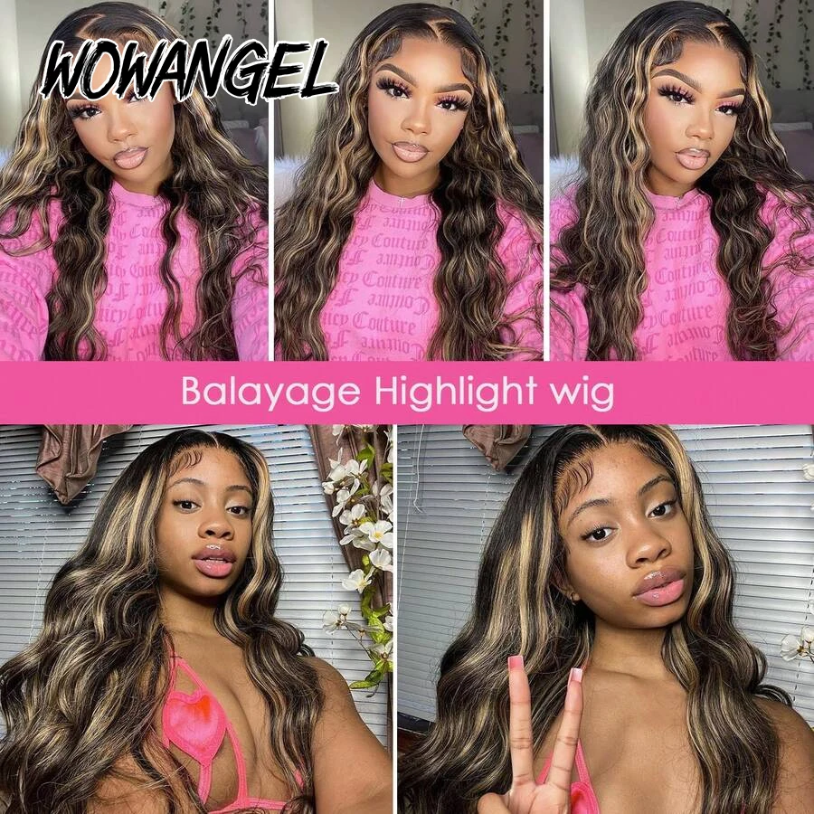 WOWANGEL 1B/27 Highlight Body Wave Lace Front Perücke Echthaar Vorgezupft 13X6 HD Full Lace Frontal Perücken Gebleichte Knoten Für Frauen – Detail 5
