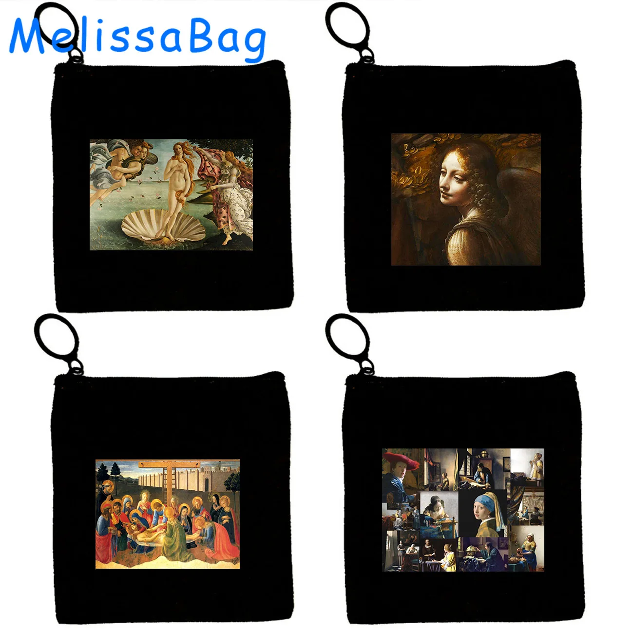 Renaissance Ink Oil Painting Art Watercolor Angel Mona Lisa Starry Night Gift Canvas Coin Purse Key Case Small Bag Zipper Pouch