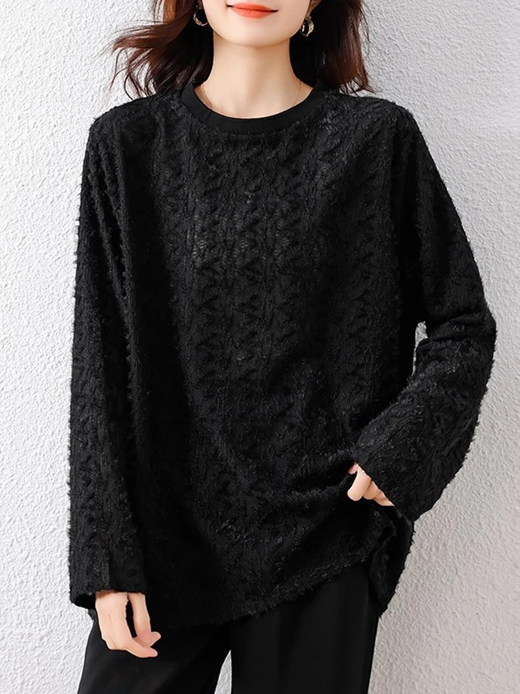 

2025 New Autumn Minimalist Solid Simple Jacquard Women Pullovers Elegant Fashion Age-reduced Casual Loose O-Neck Bottom Tops